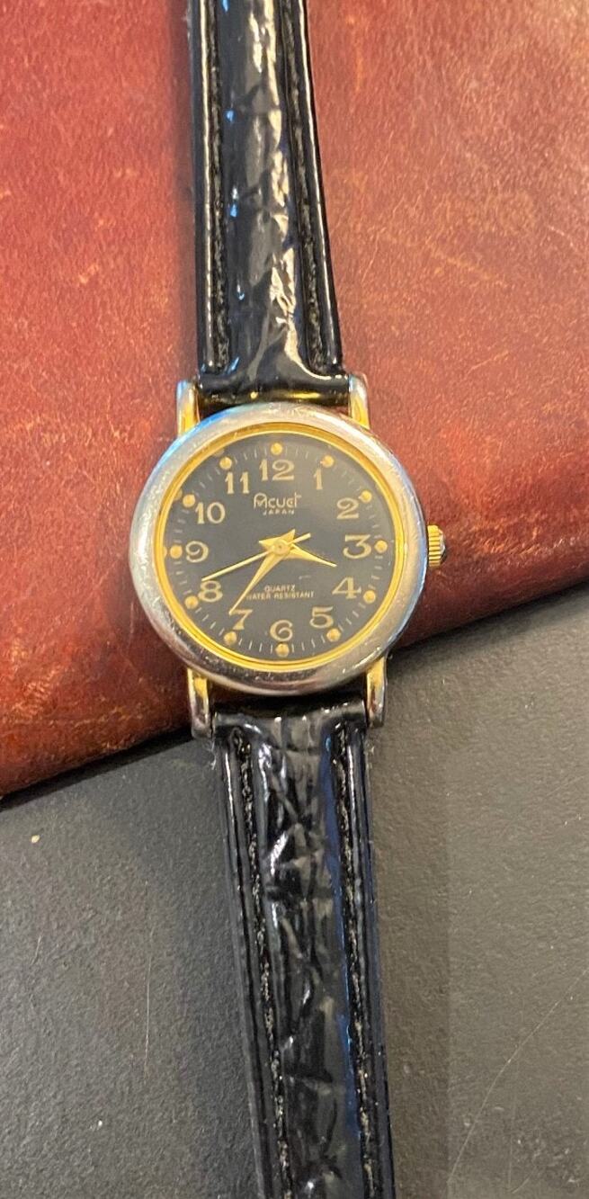 Women's 24mm Acuet Quartz Watch, Gold Tone, Black Face, Leather Band